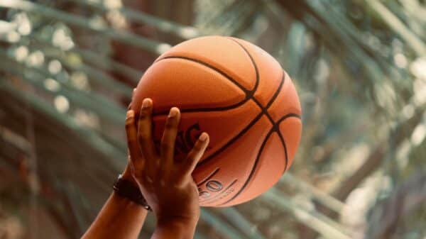 a person holding a basketball up in the air